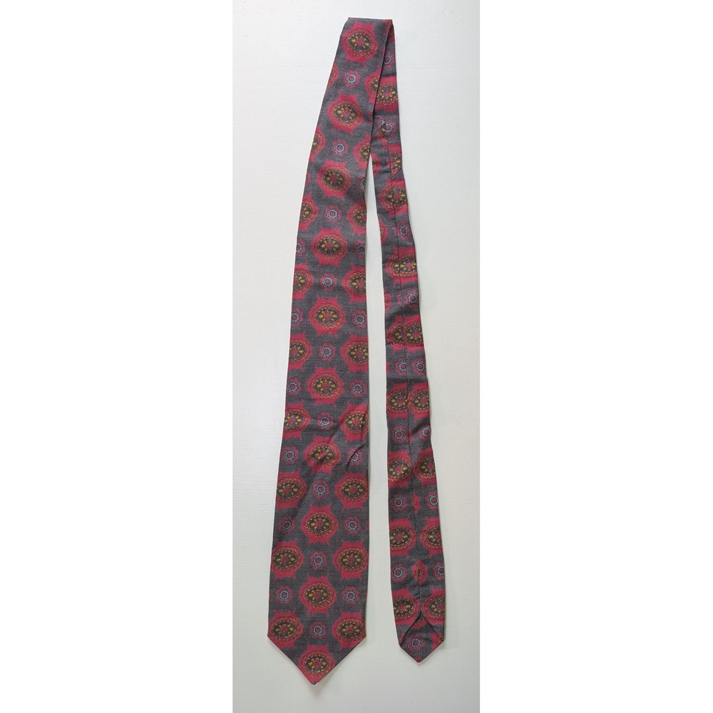 Vintage Medallion Paisley Silk Tie Red Grey Gold Geometric Pattern Necktie